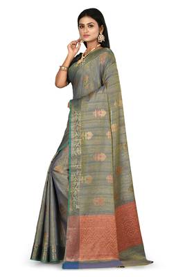 Navy blue woven matka silk saree with blouse 2