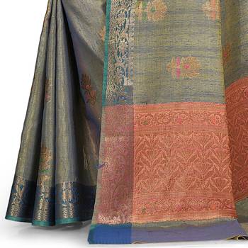 Navy blue woven matka silk saree with blouse 3