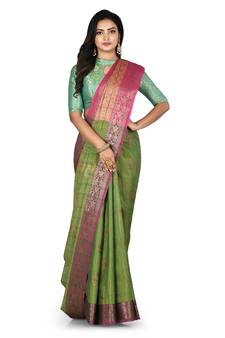 Green woven matka silk saree with blouse