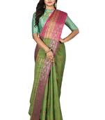 Green woven matka silk saree with blouse