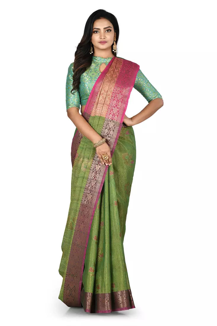 Green woven matka silk saree with blouse