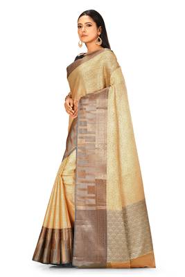 Light beige woven art silk saree with blouse 2