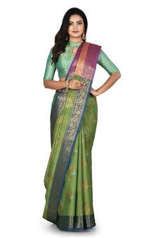 Green woven matka silk saree with blouse