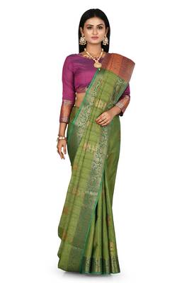 Green woven matka silk saree with blouse 1