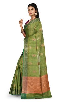 Green woven matka silk saree with blouse 2