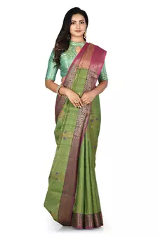 Green woven matka silk saree with blouse