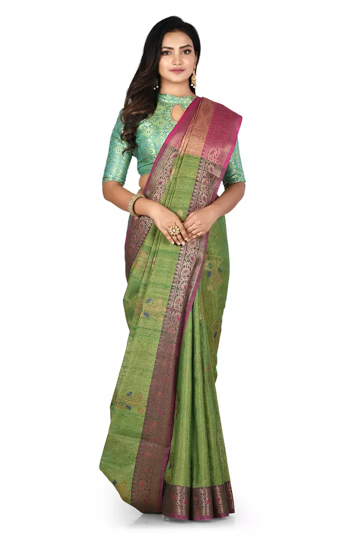 Green woven matka silk saree with blouse