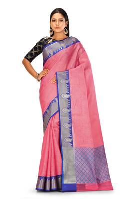Pink woven art silk saree with blouse 1