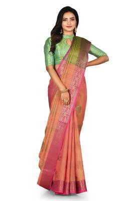 Peach woven matka silk saree with blouse 1