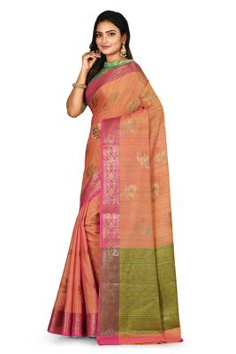 Peach woven matka silk saree with blouse 2