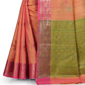 Peach woven matka silk saree with blouse 3