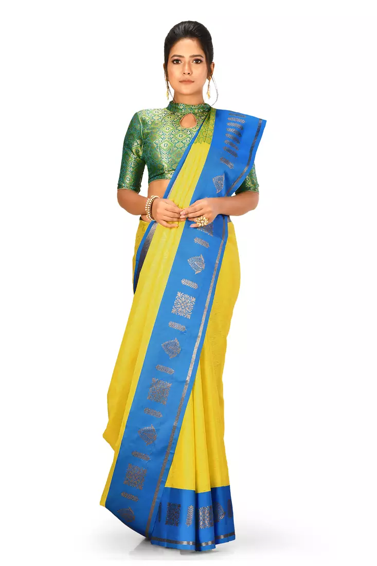 Yellow woven art silk saree with blouse
