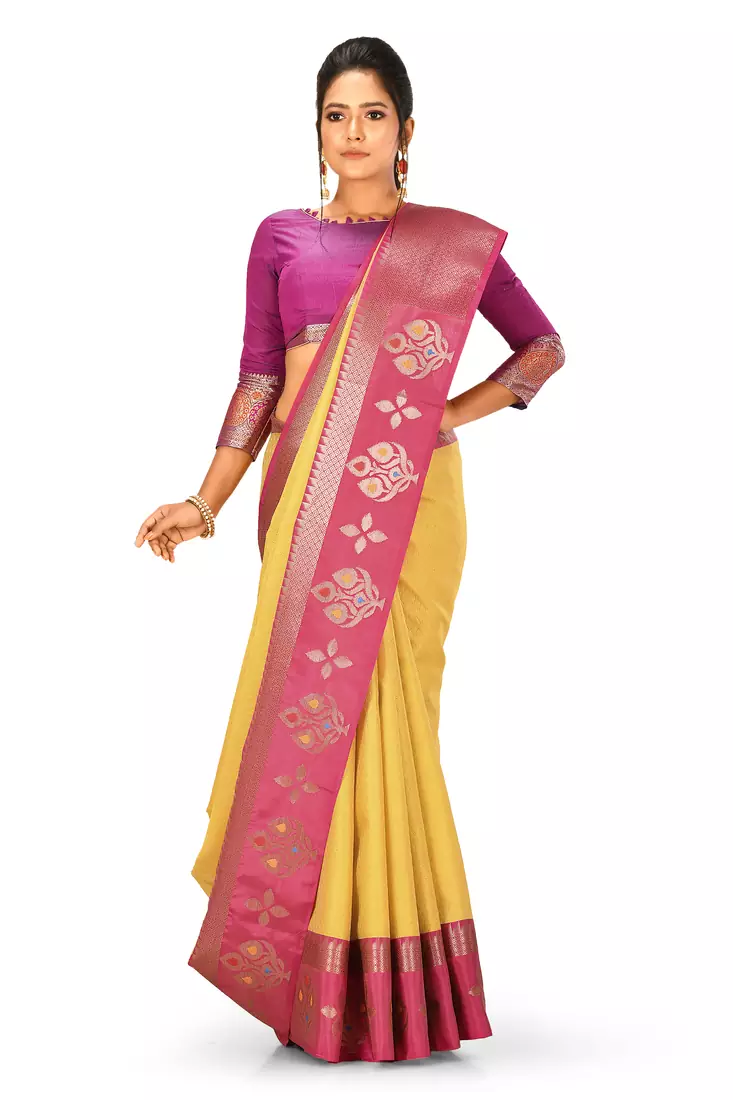 Mustard woven art silk saree with blouse