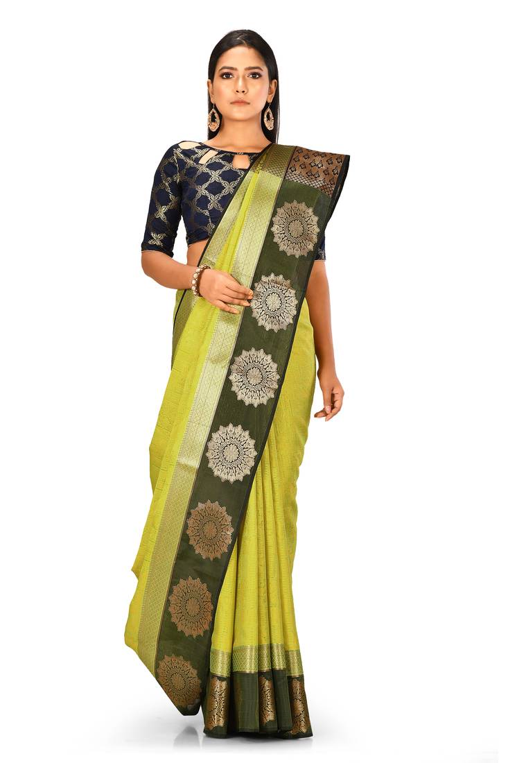 Light green woven art silk saree with blouse