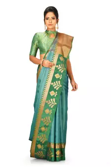 Turquoise woven art silk saree with blouse