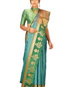 Turquoise woven art silk saree with blouse