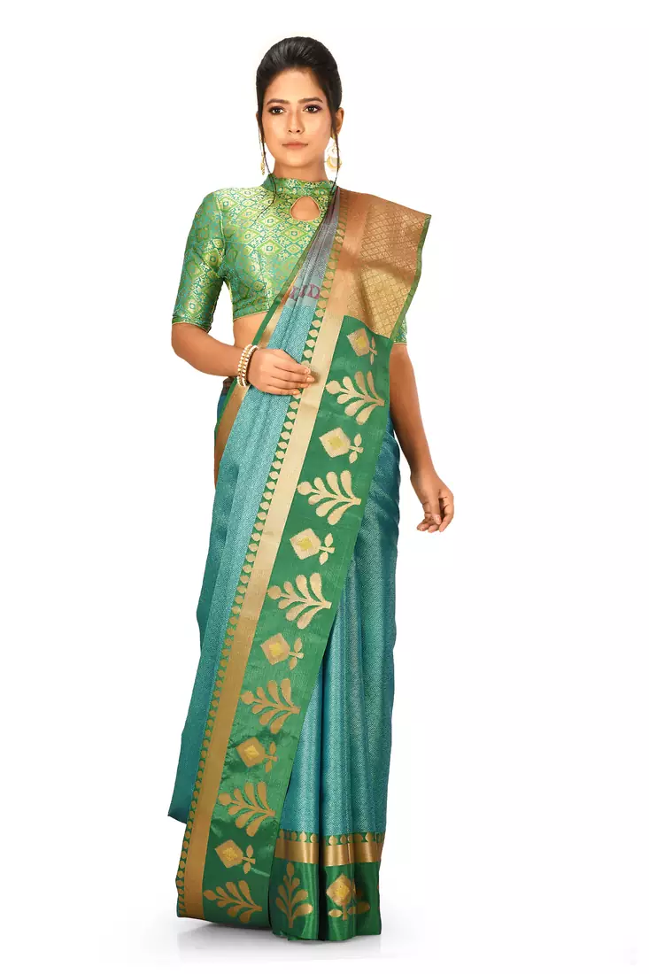 Turquoise woven art silk saree with blouse