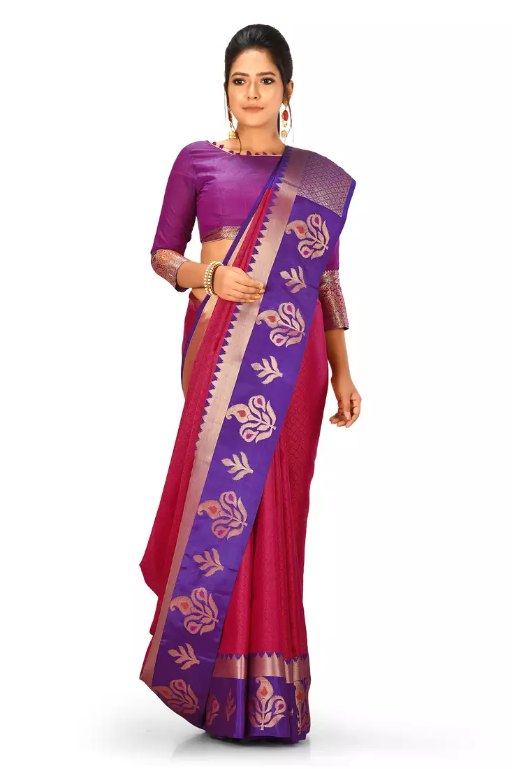 Pink woven art silk saree with blouse