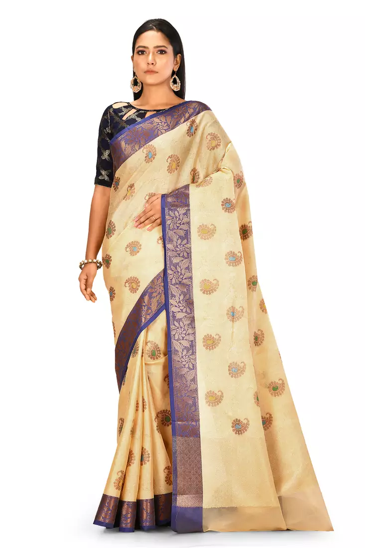 Light beige woven art silk saree with blouse