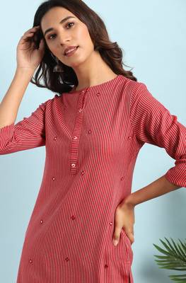 Janasya Red embroidered rayon ethnic kurtis 5