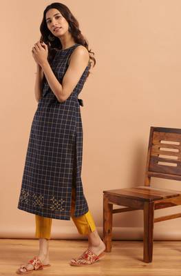 Janasya Navy blue woven cotton ethnic kurtis 1