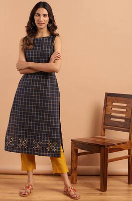 Janasya Navy blue woven cotton ethnic kurtis 2