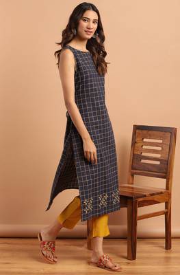 Janasya Navy blue woven cotton ethnic kurtis 3