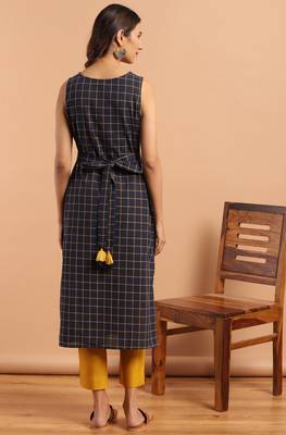 Janasya Navy blue woven cotton ethnic kurtis 4