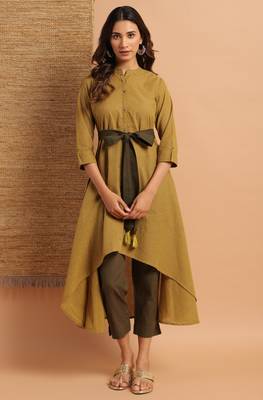 Green woven cotton ethnic kurtis 1