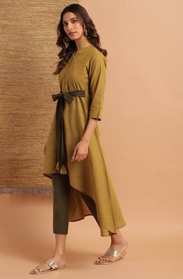 Green woven cotton ethnic kurtis 3