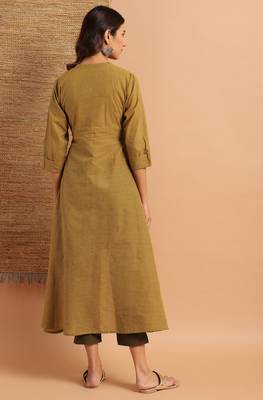 Green woven cotton ethnic kurtis 4