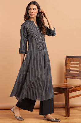 Janasya Black woven cotton ethnic kurtis 3