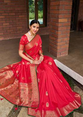 Red woven silk saree with blouse 2