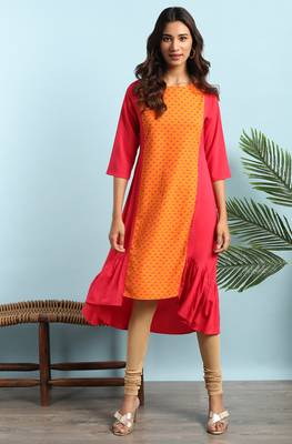 Orange printed crepe ethnic kurtis 1
