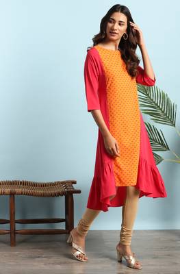 Orange printed crepe ethnic kurtis 3