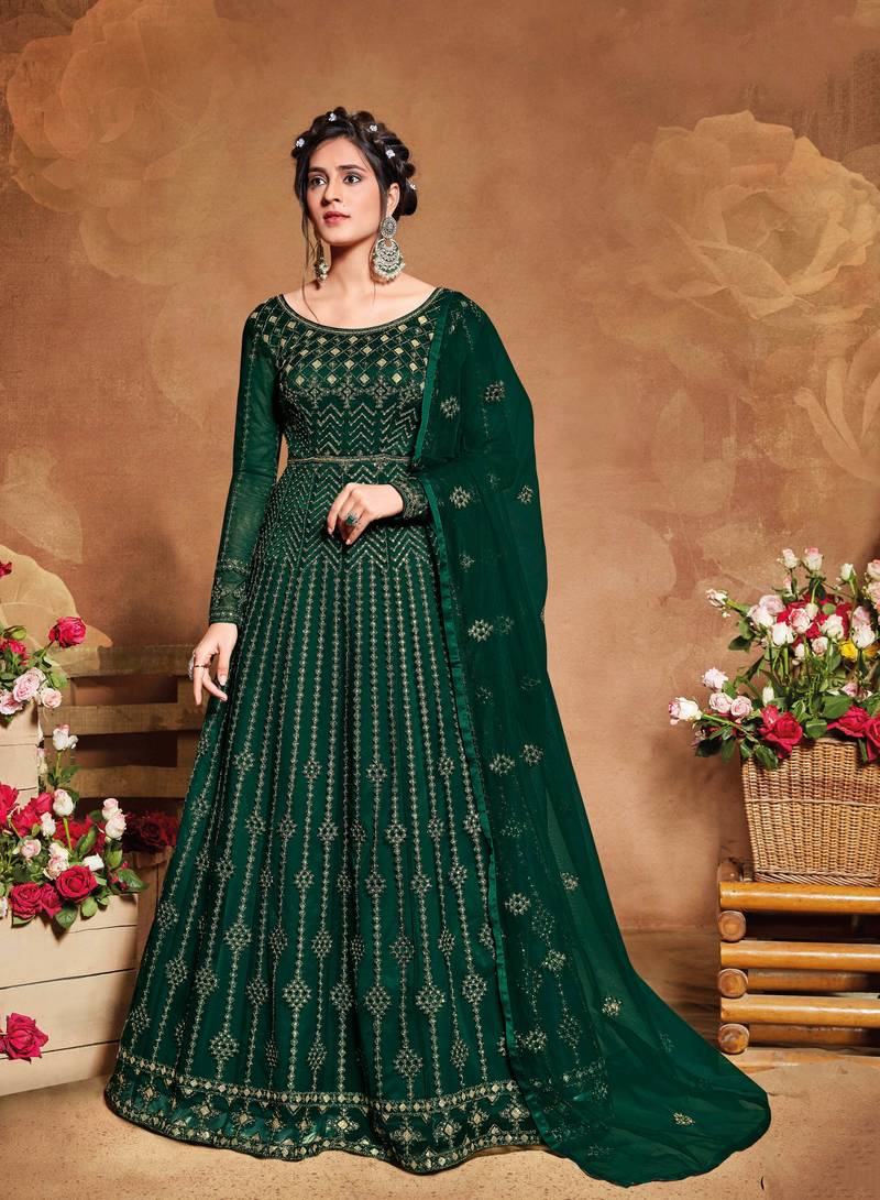 Dark-green embroidered net salwar