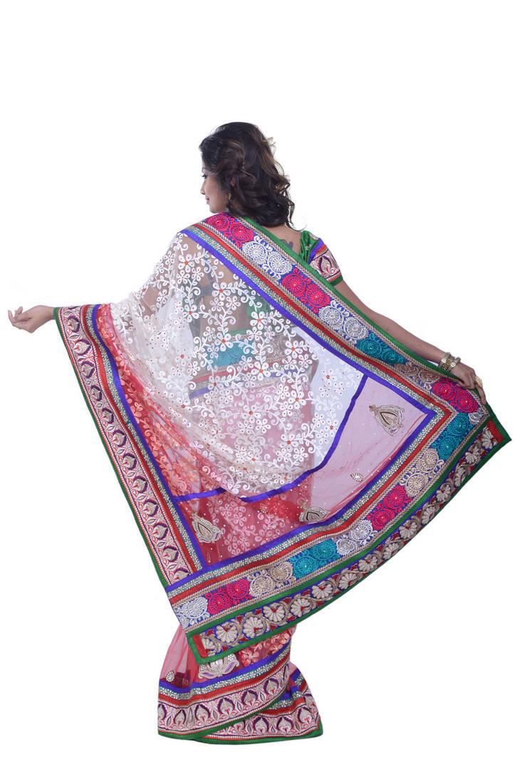 pink and offwhite machine and hand work,hand butta  fancy fabric net saree with blouse