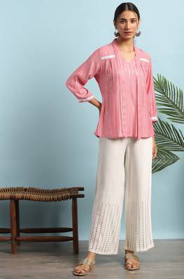 Janasya Pink woven viscose rayon party tops 2