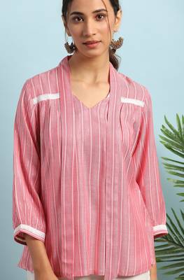 Janasya Pink woven viscose rayon party tops 5