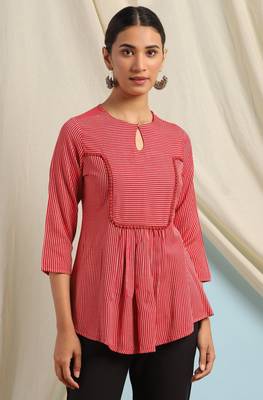 Janasya Red woven viscose rayon party tops 1