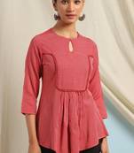 Janasya Red woven viscose rayon party tops