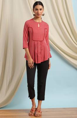 Janasya Red woven viscose rayon party tops 2