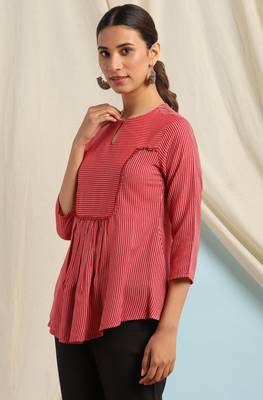 Janasya Red woven viscose rayon party tops 3