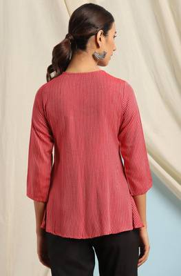 Janasya Red woven viscose rayon party tops 4