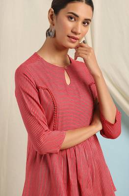 Janasya Red woven viscose rayon party tops 5