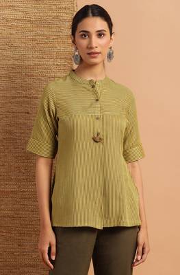 Janasya Olive woven viscose rayon party tops 1