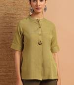 Janasya Olive woven viscose rayon party tops