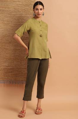 Janasya Olive woven viscose rayon party tops 2