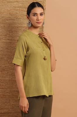 Janasya Olive woven viscose rayon party tops 3