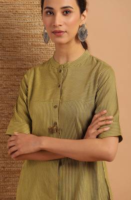Janasya Olive woven viscose rayon party tops 5